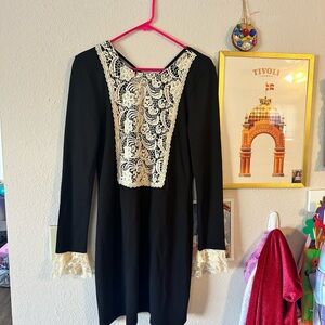 Free People M Black and White Lace Long Sleeve Gothic Dress
